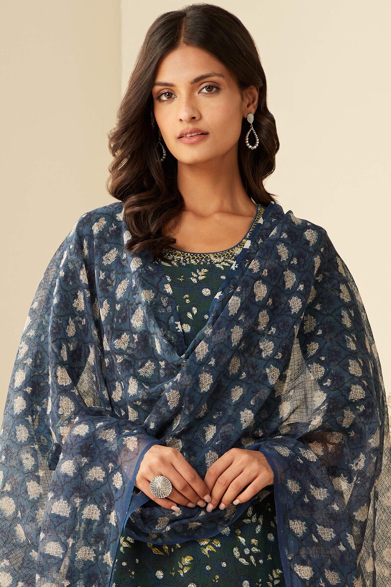 Indigo Hand Block-Printed Kota Dupatta