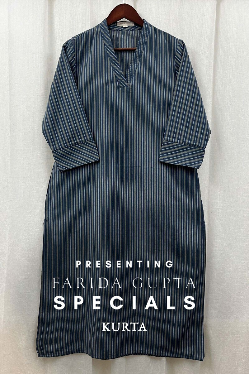 Blue Handcrafted Straight Handloom Cotton Kurta