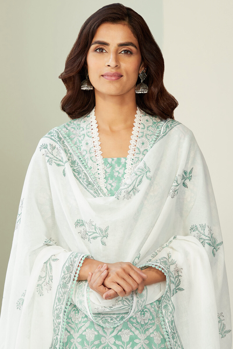 White Hand Block-Printed Cotton Mul Dupatta