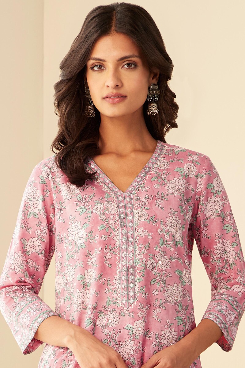 Pink Hand Block-Printed Straight Cotton Kurta