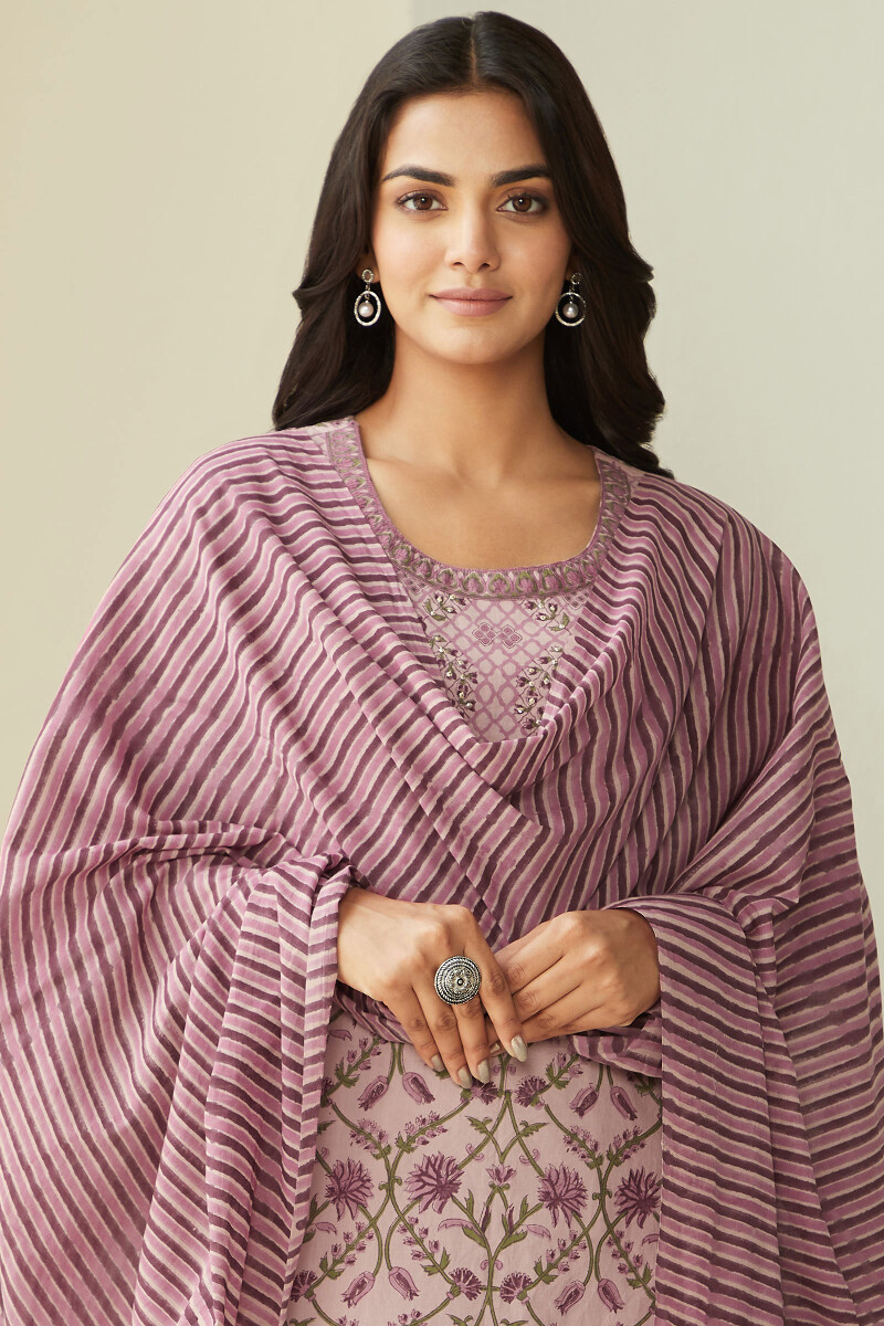 Mauve Hand Block-Printed Cotton Mul Dupatta