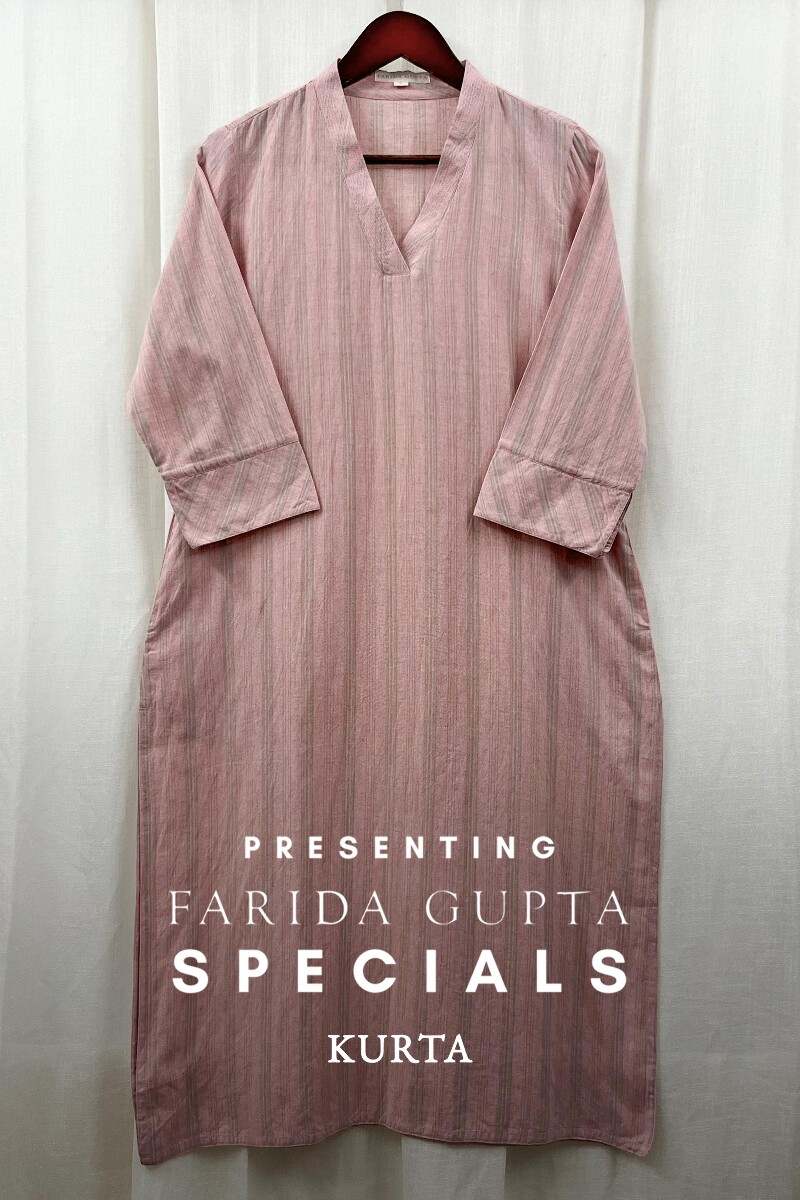 Pink Handcrafted Straight Handloom Cotton Kurta