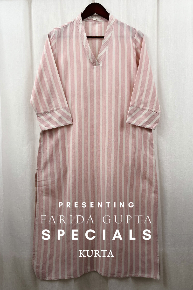 Pink Handcrafted Straight Handloom Cotton Kurta