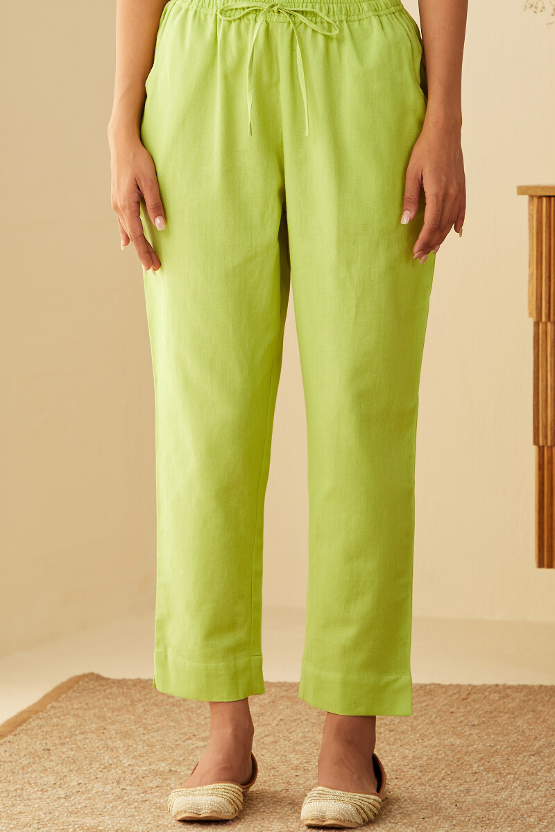 Lime Green Handcrafted Cotton Linen Narrow Pants