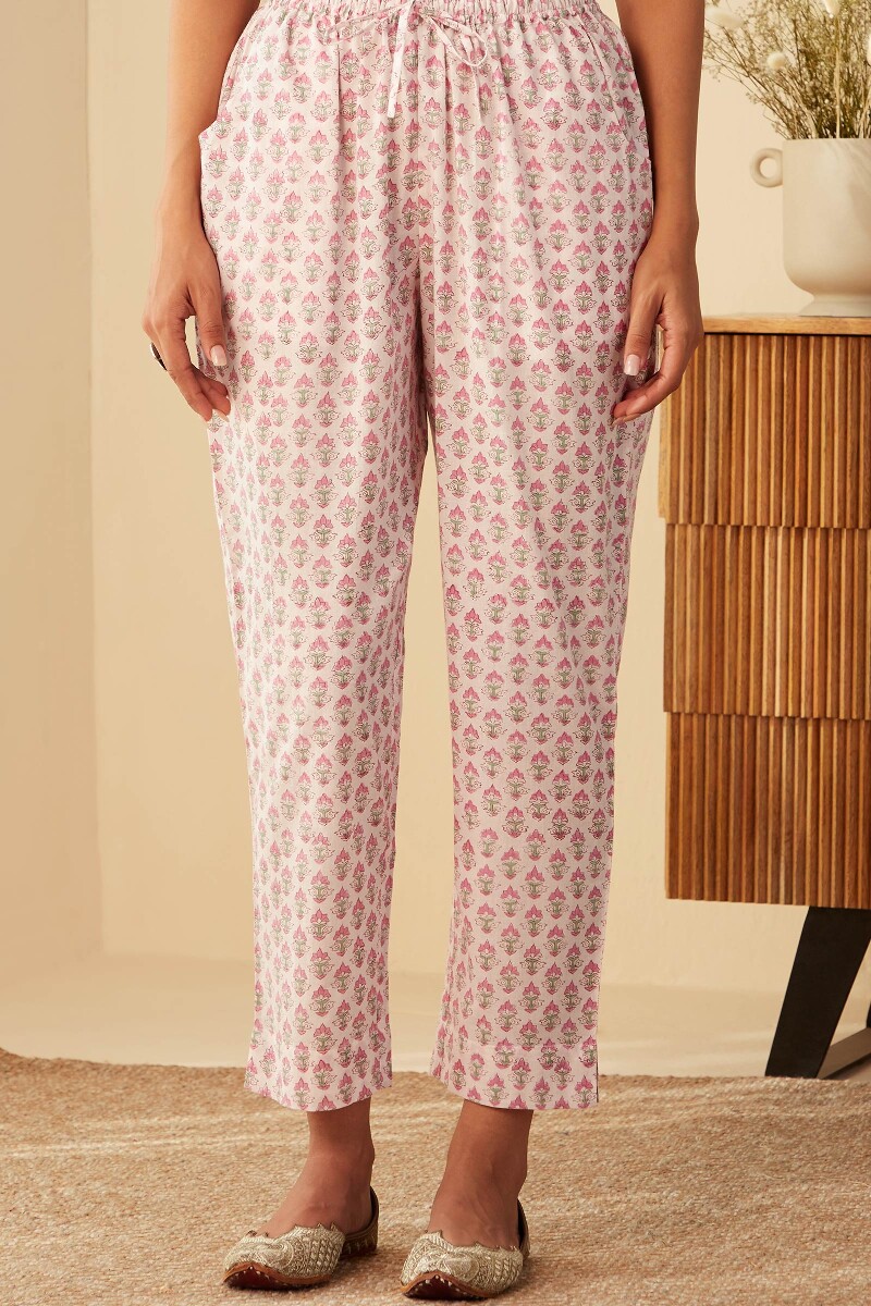 White Hand Block-Printed Cotton Narrow Pants