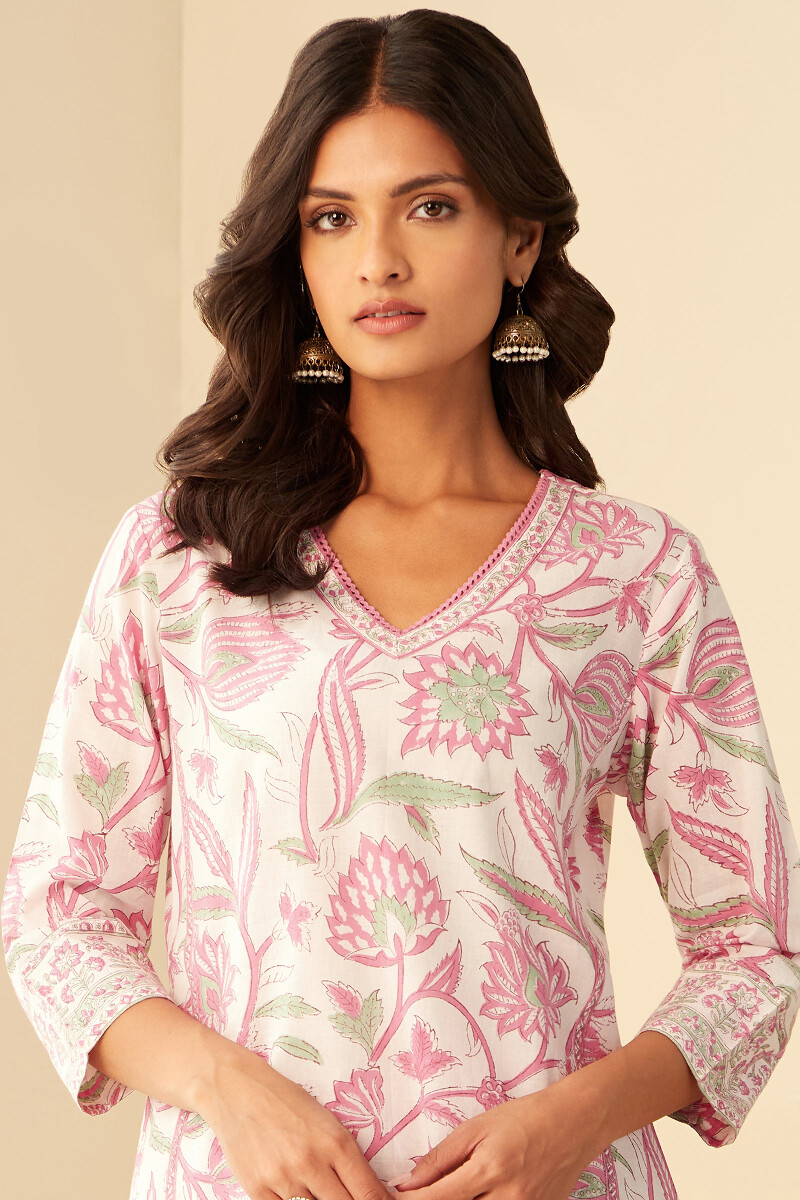 White Hand Block-Printed Straight Cotton Kurta