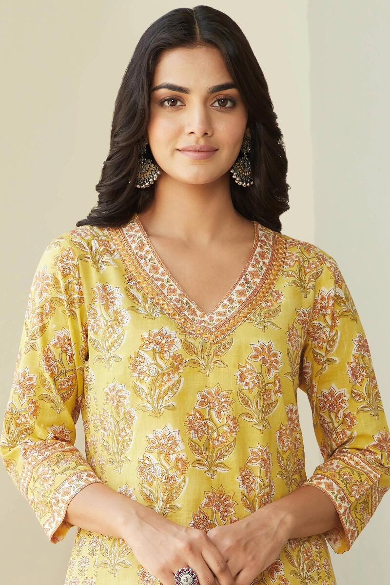 Yellow Hand Block-Printed Straight Cotton Slub Kurta