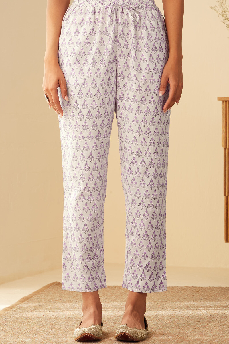 White Hand Block-Printed Cotton Narrow Pants