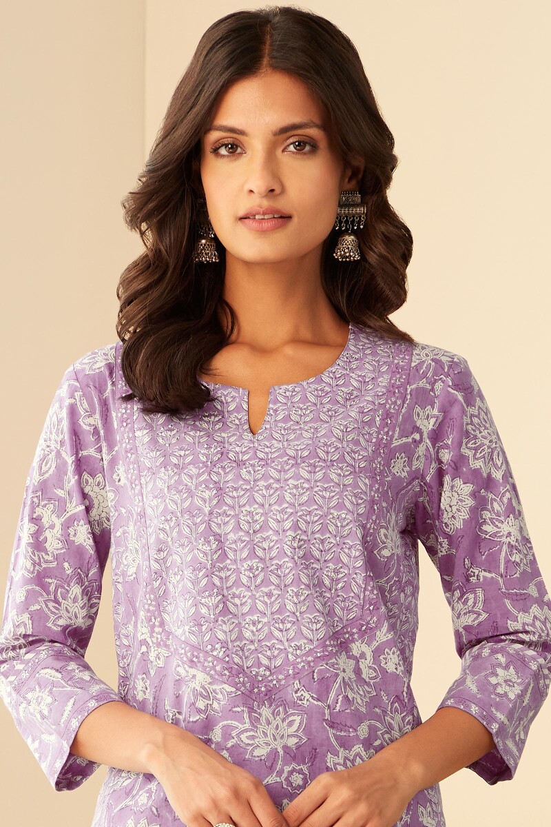 Purple Hand Block-Printed Straight Cotton Kurta