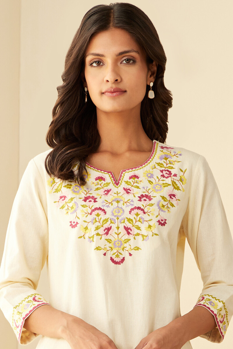 Cream Handcrafted Straight Cotton Linen Kurta