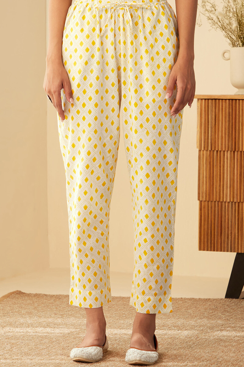 White Hand Block-Printed Cotton Narrow Pants