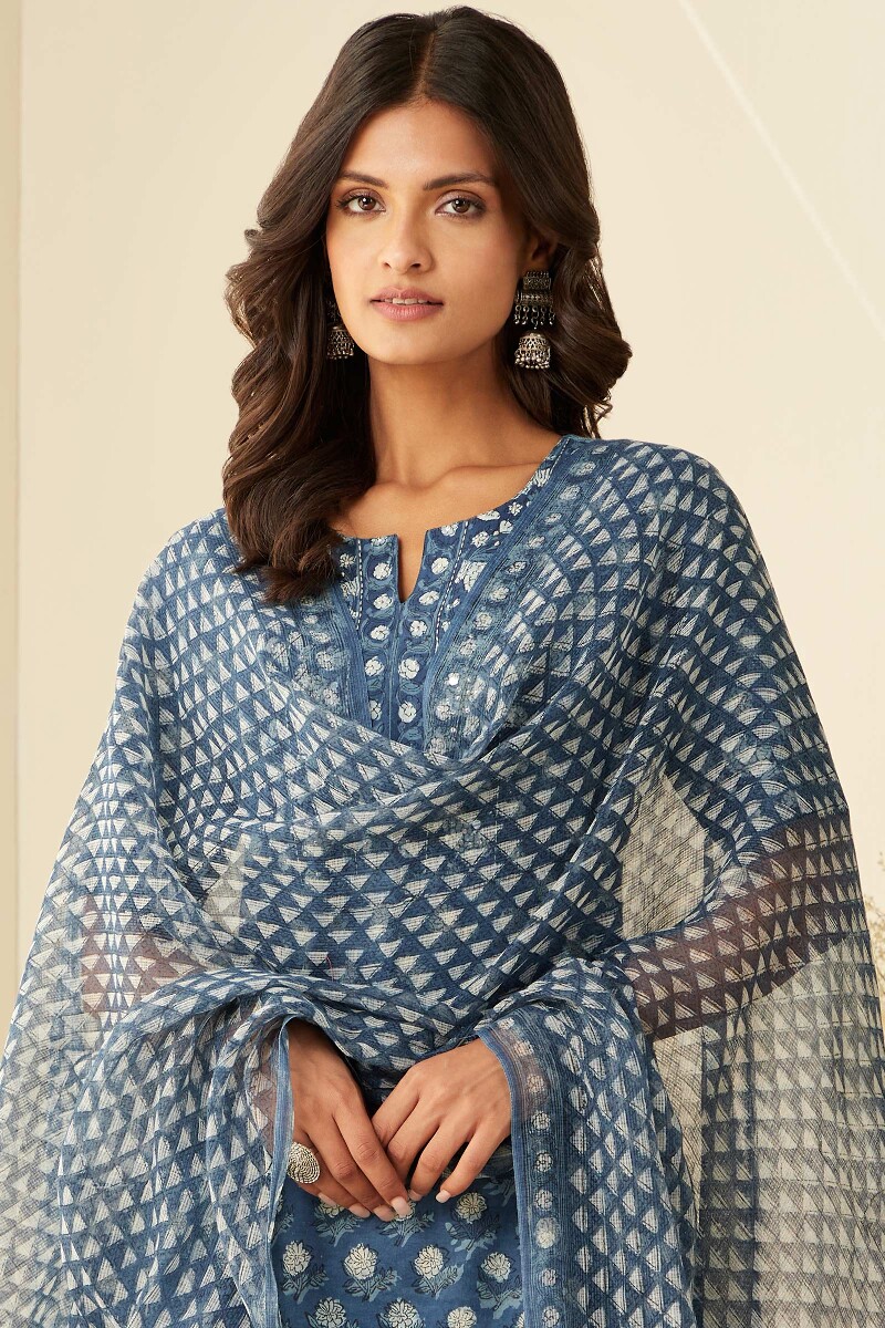 Indigo Hand Block-Printed Kota Dupatta