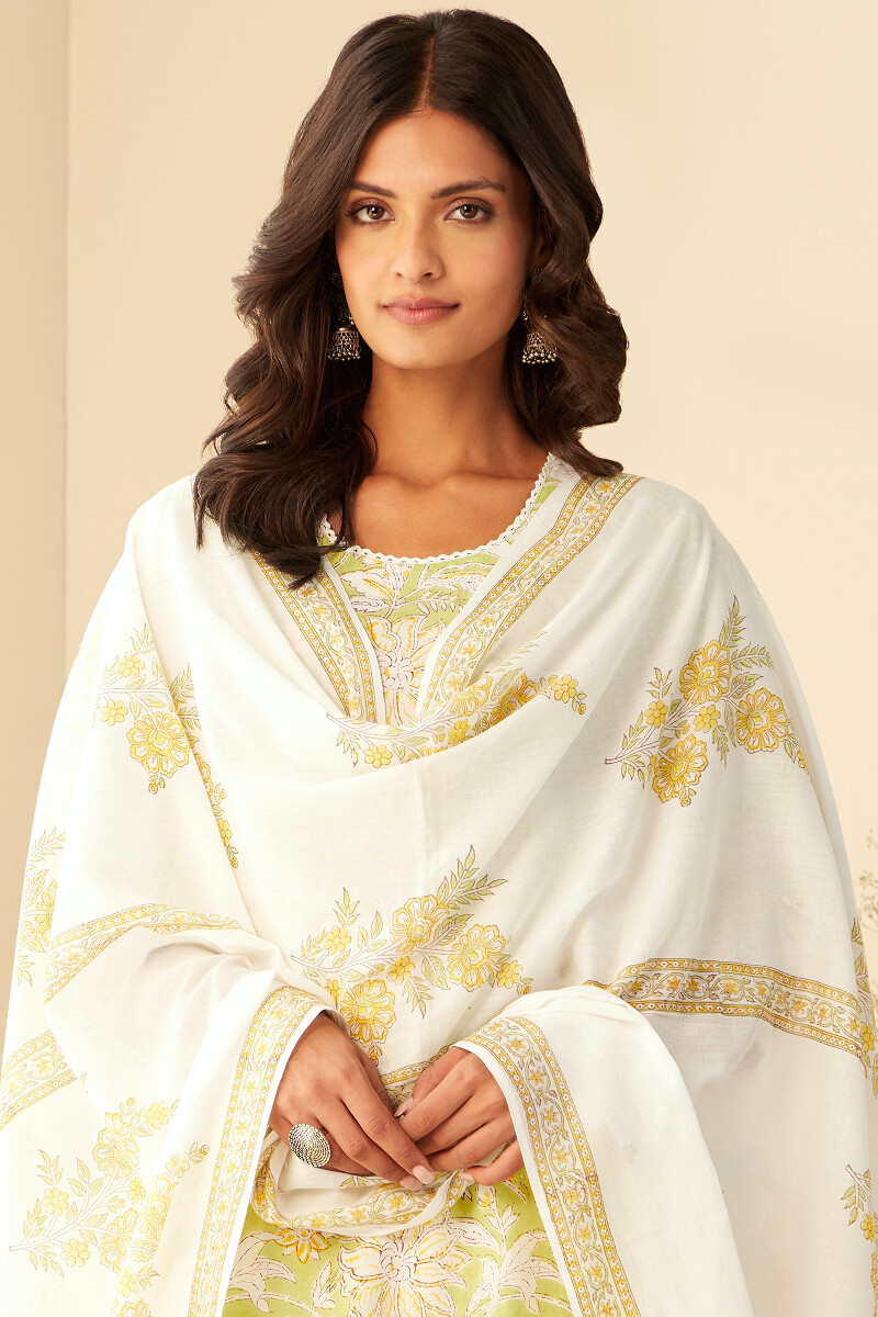 White Hand Block-Printed Cotton Mul Dupatta