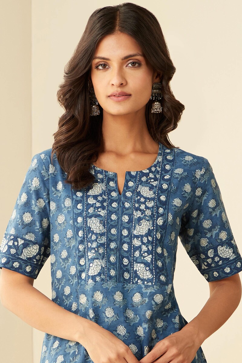 Indigo Hand Block-Printed Straight Cotton Kurta