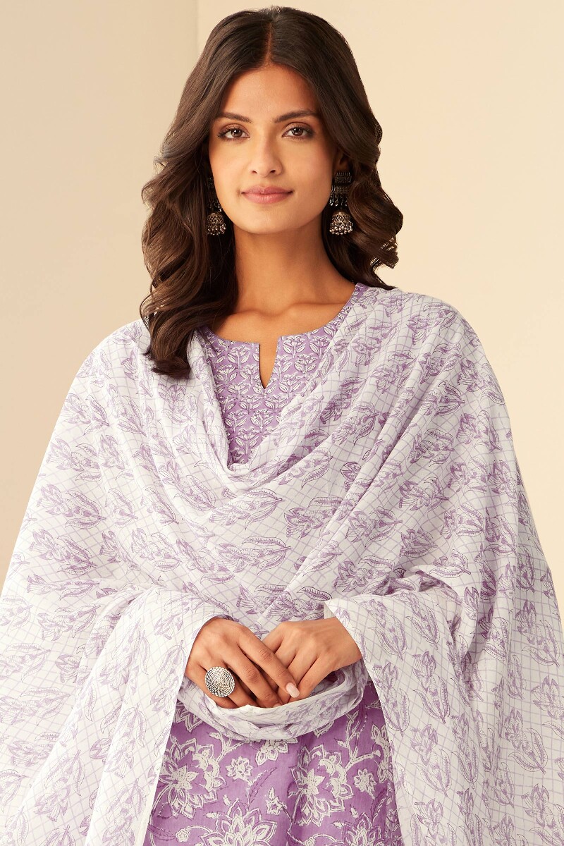 White Hand Block-Printed Cotton Mul Dupatta