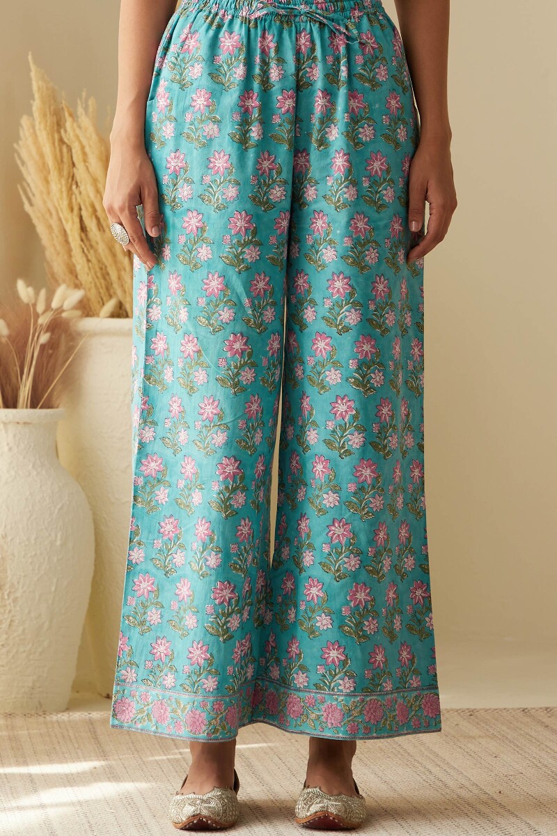 Green Hand Block-Printed Cotton Farsi Pants