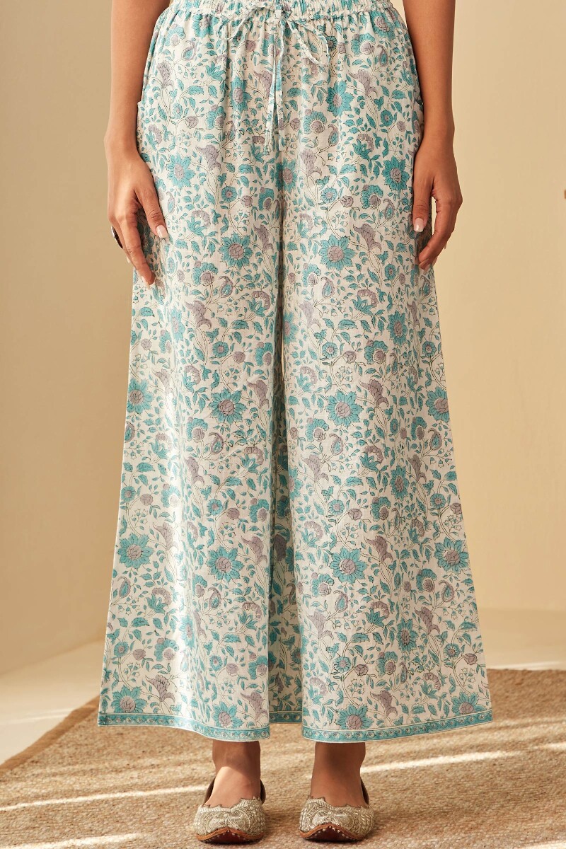 White Hand Block-Printed Cotton Slub Palazzo