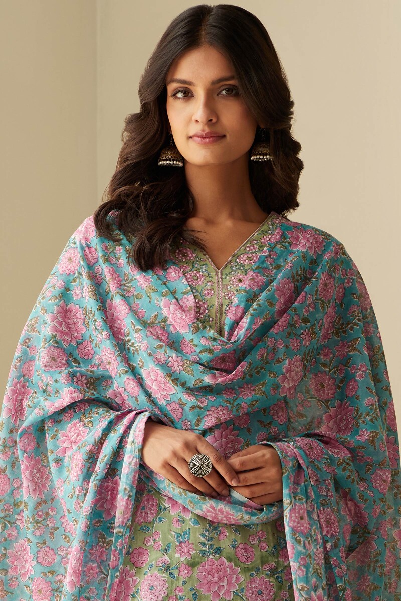Green Hand Block-Printed Cotton Mul Dupatta