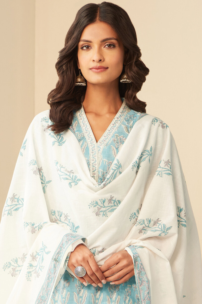 White Hand Block-Printed Cotton Slub Dupatta