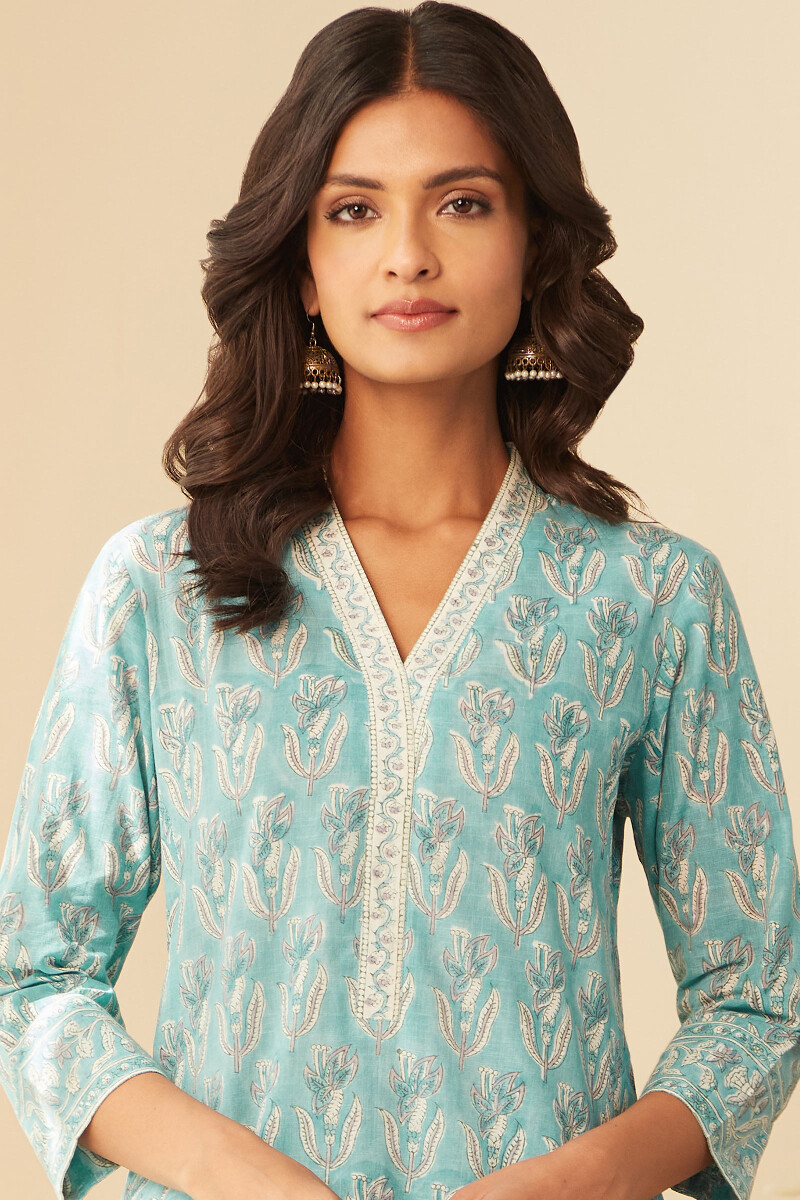 Blue Hand Block-Printed Straight Cotton Slub Kurta