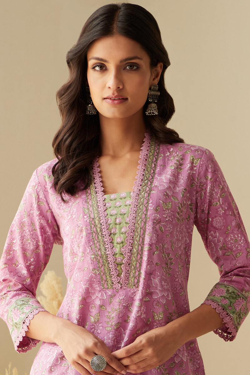 Pink Hand Block-Printed Straight Cotton Kurta