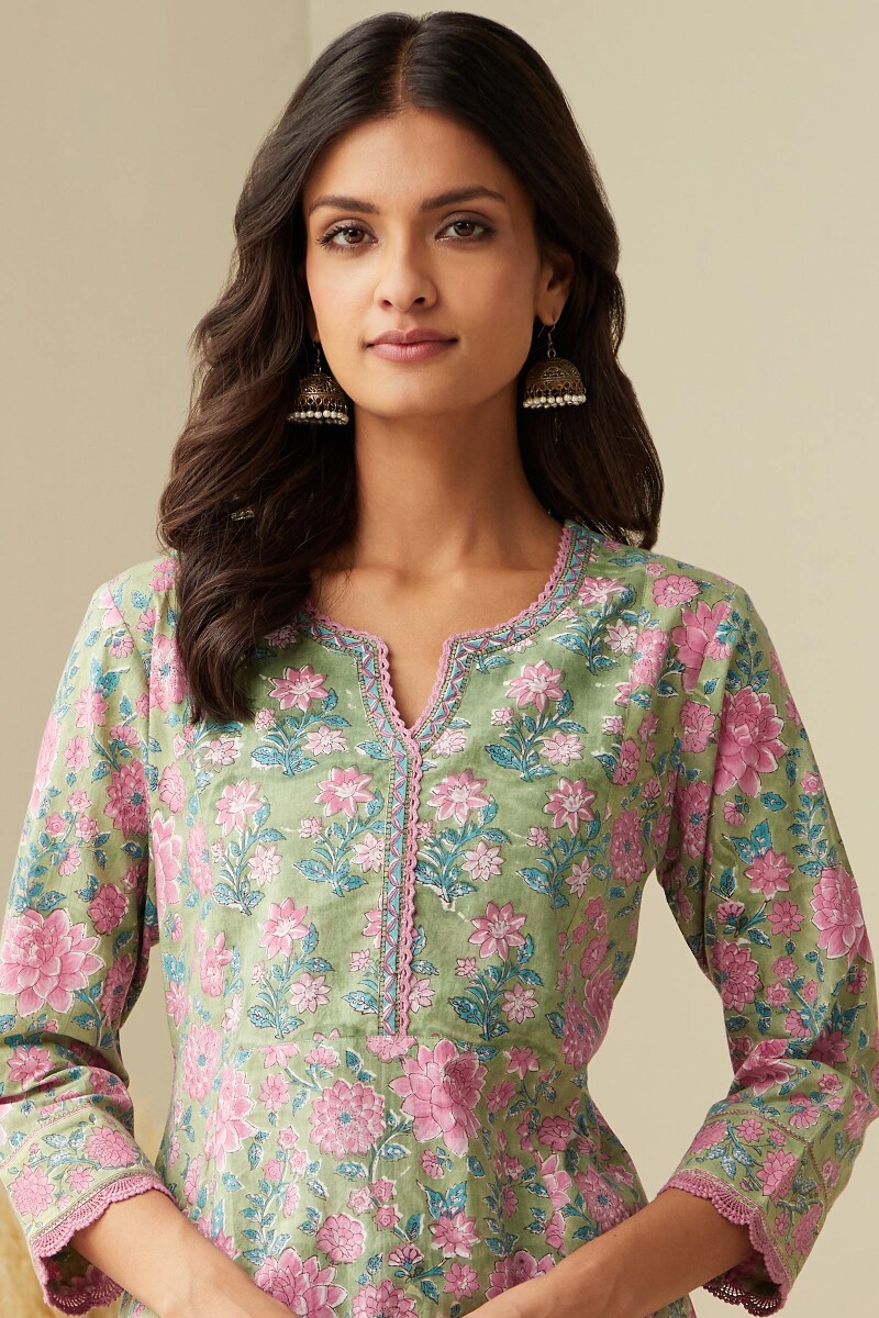 Green Hand Block-Printed Straight Cotton Kurta