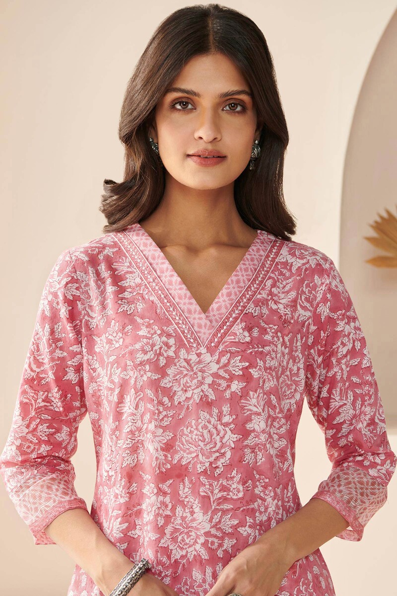 Pink Hand Block-Printed Straight Cotton Kurta