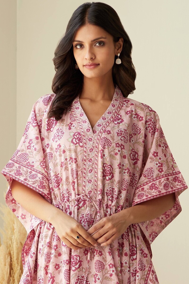 Pink Hand Printed Cotton Mul Kaftan