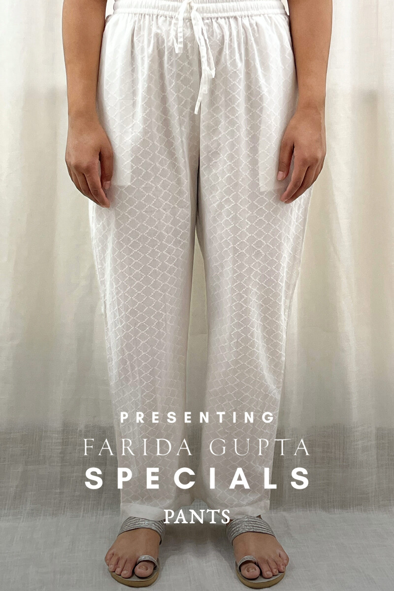 White Handcrafted Cotton Dobby Narrow Pants