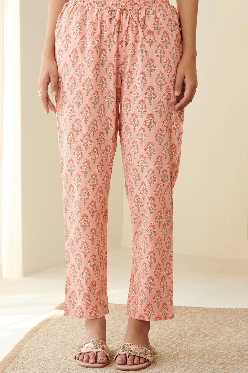 Peach Hand Block-Printed Cotton Narrow Pants