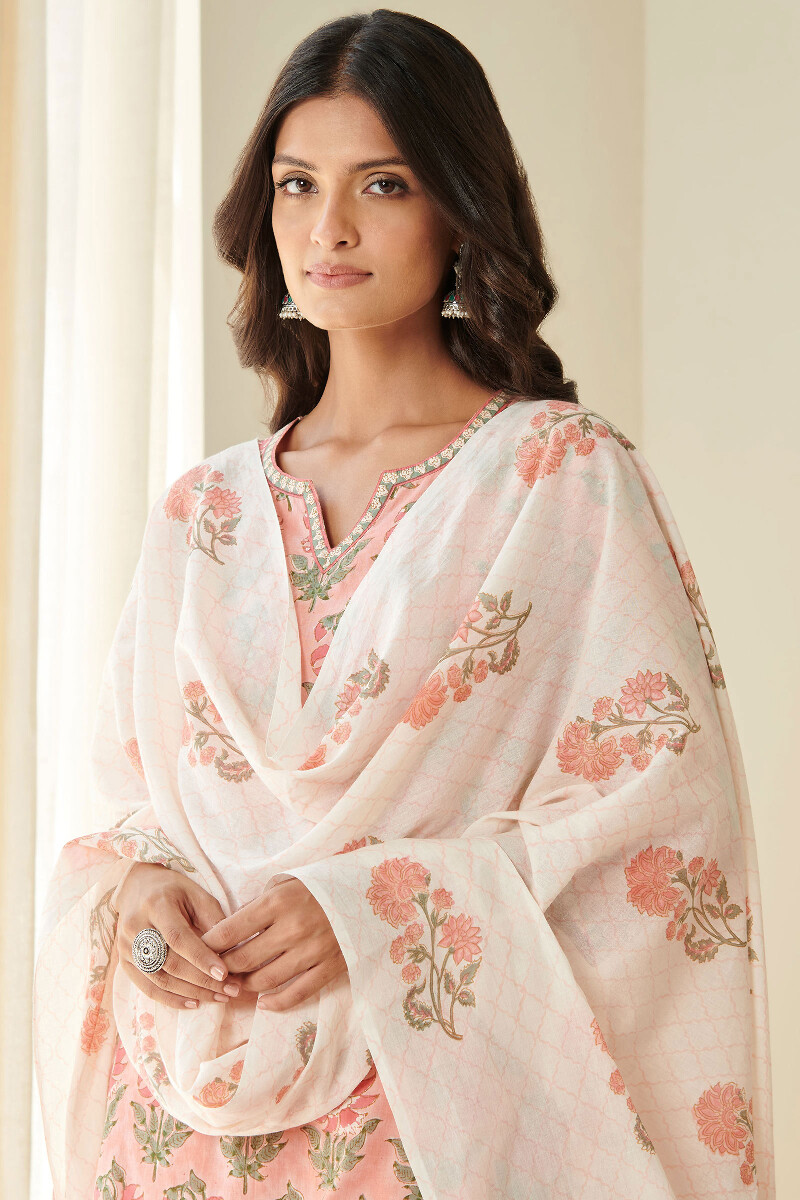 White Hand Block-Printed Cotton Mul Dupatta
