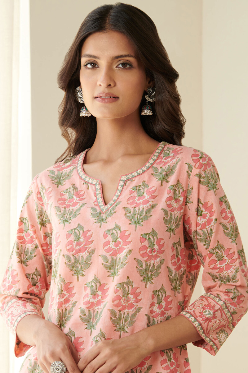Peach Hand Block-Printed Straight Cotton Kurta