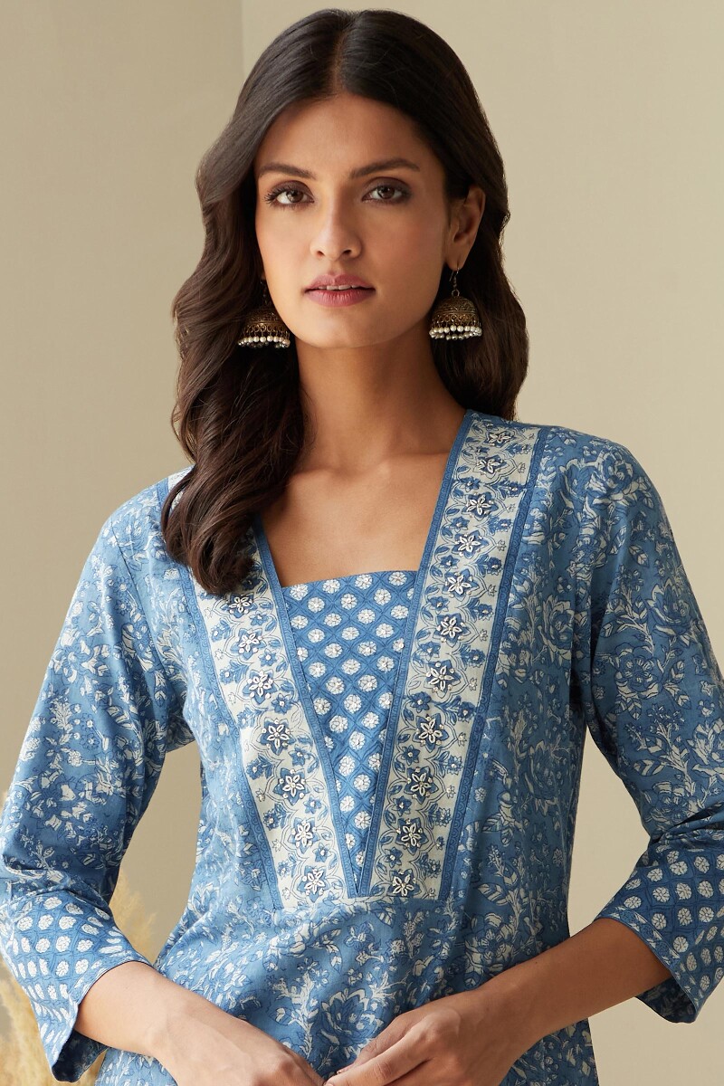 Indigo Hand Block-Printed Straight Cotton Kurta