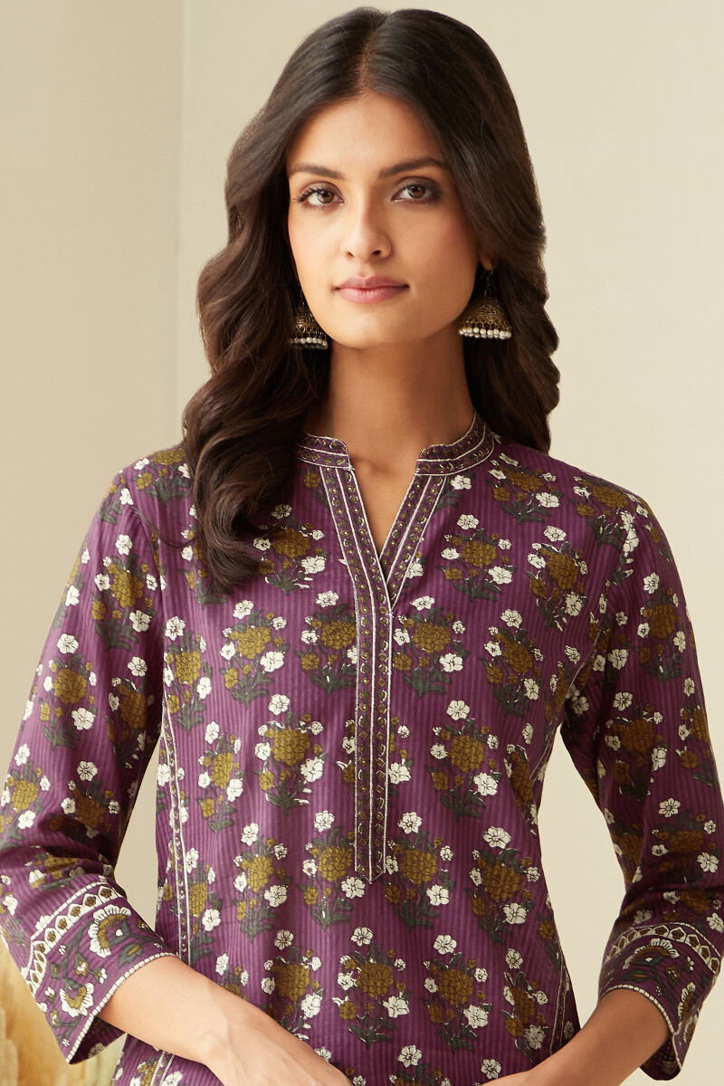 Purple Hand Printed Straight Cotton Dobby Kurta