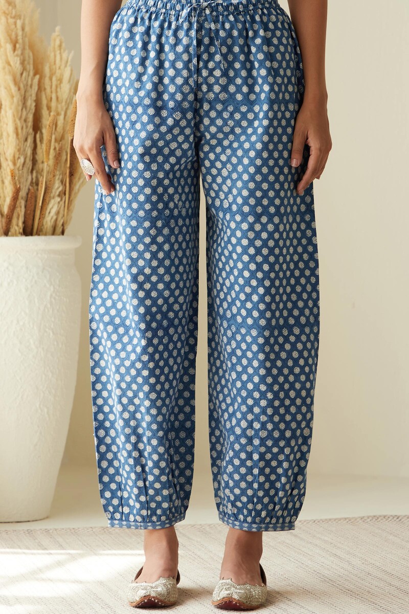 Indigo Hand Block-Printed Cotton Izhaar Pants