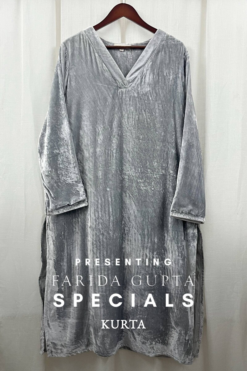 Grey Handcrafted Straight Velvet Kurta