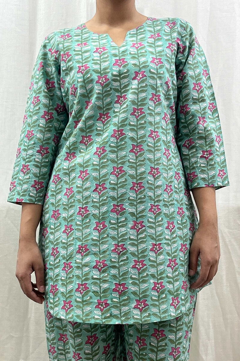 Green Hand Block-Printed Loungewear Set