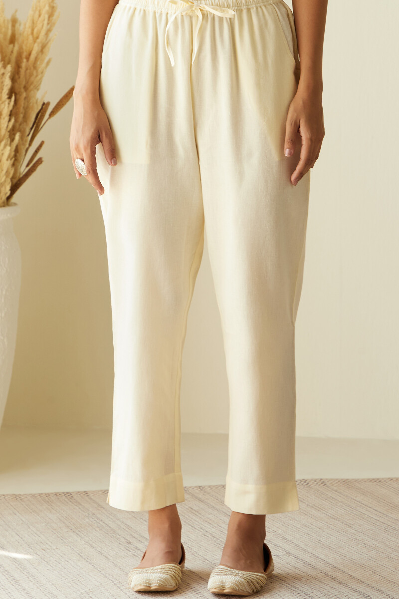 Cream Handcrafted Cotton Flax Narrow Pants