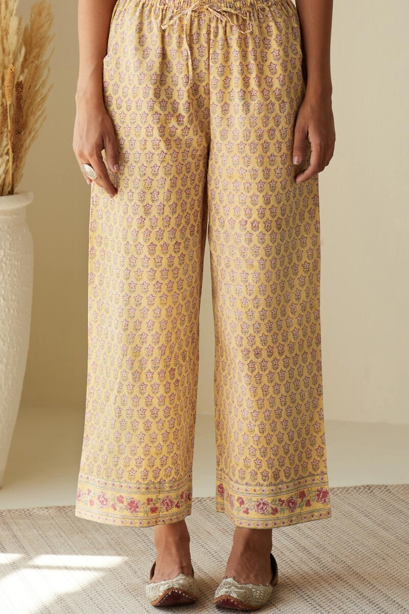 Yellow Hand Block-Printed Cotton Slub Culottes
