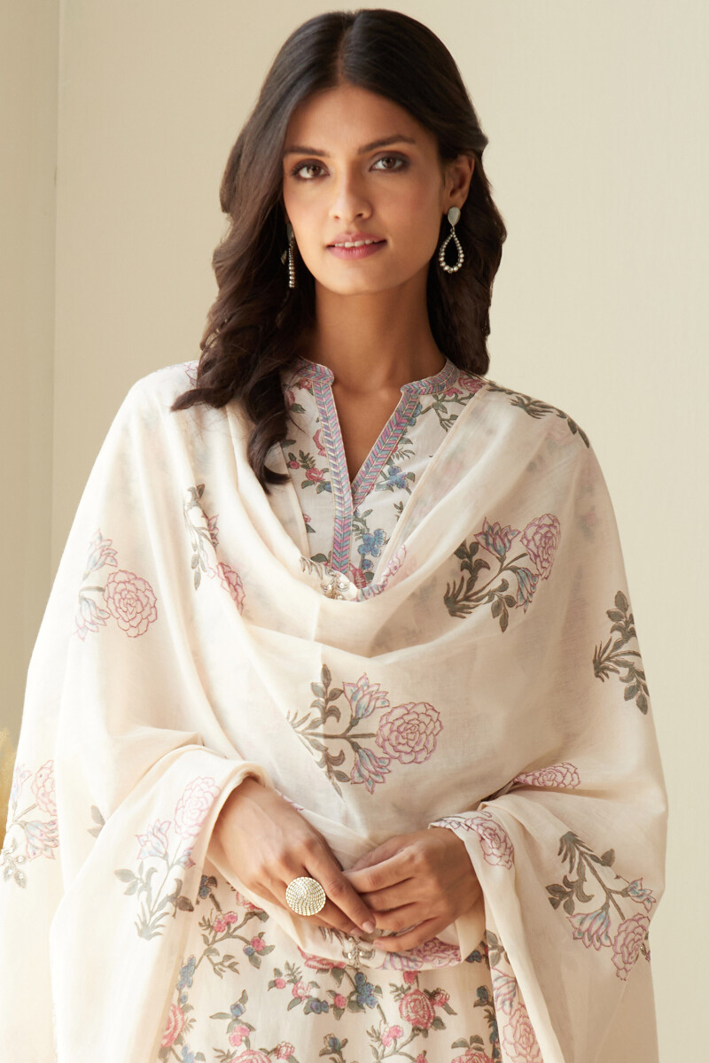 Beige Hand Block-Printed Cotton Mul Dupatta