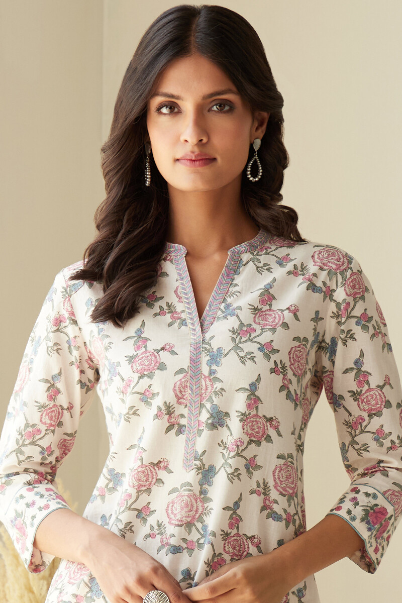 Off-White Hand Block-Printed Straight Cotton Kurta