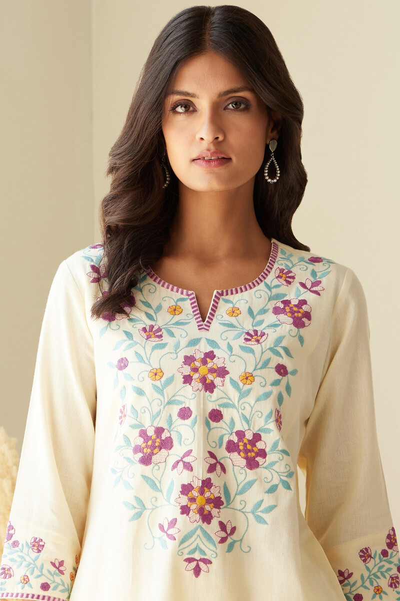 Cream Handcrafted Straight Cotton Flax Kurta