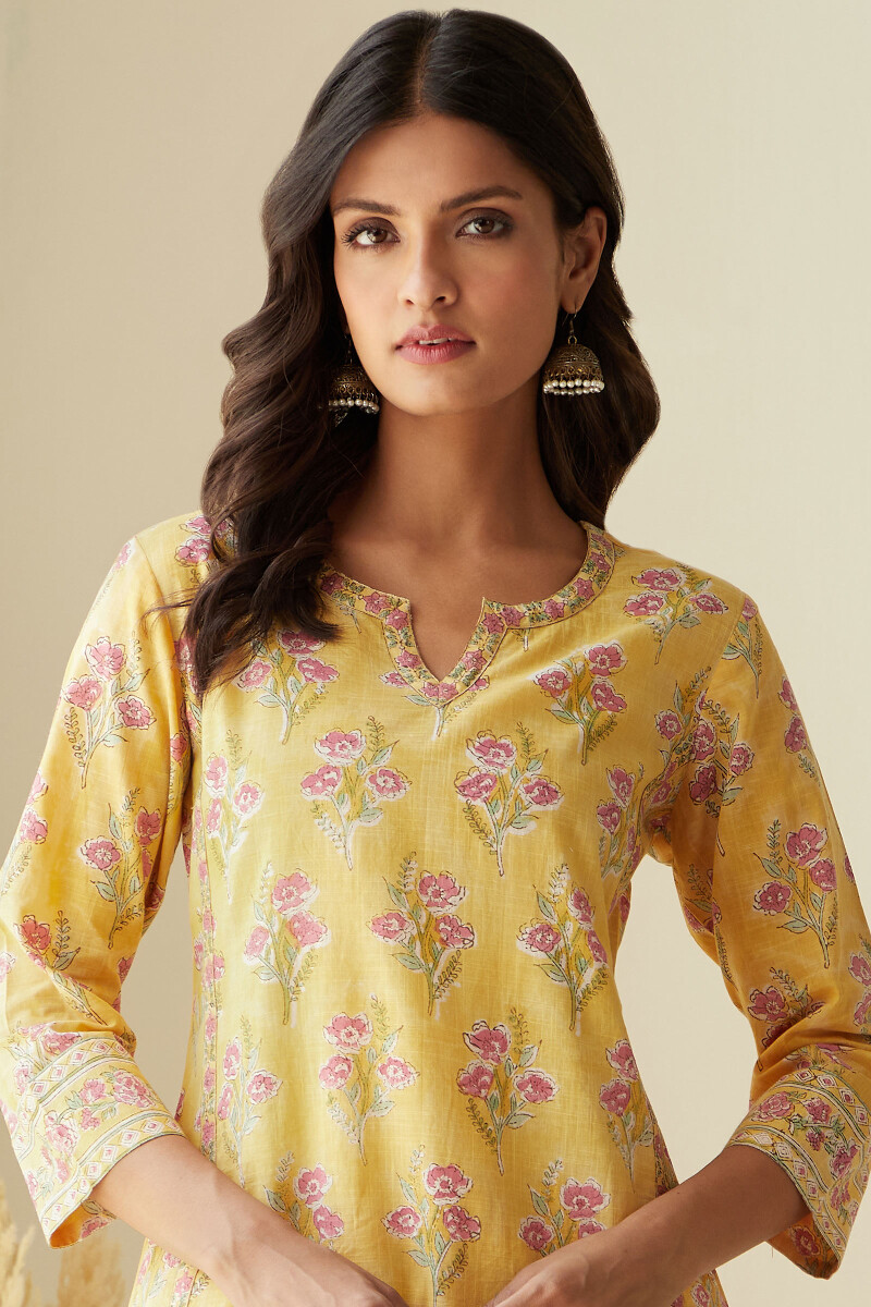 Yellow Hand Block-Printed Straight Cotton Slub Kurta