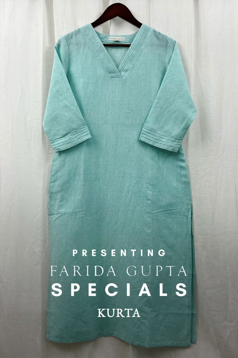 Light Teal Handcrafted Straight Cotton Linen Kurta