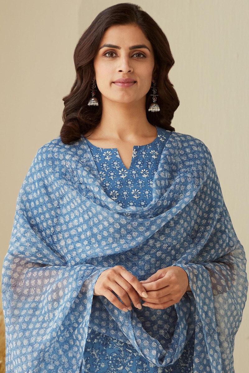 Indigo Hand Block-Printed Kota Dupatta