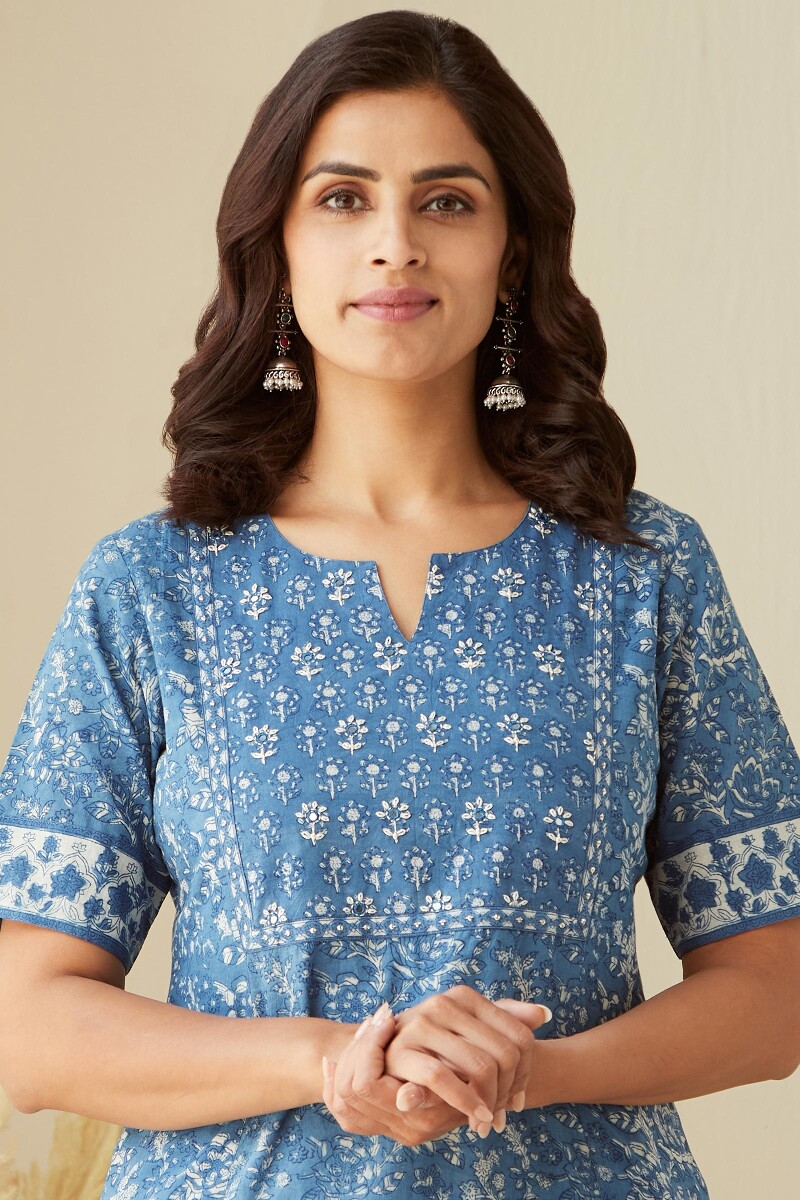 Indigo Hand Block-Printed Straight Cotton Kurta