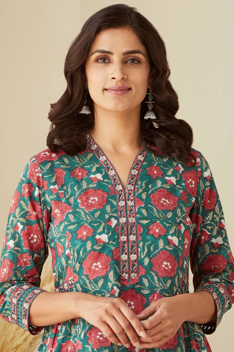 Green Hand Block-Printed A-Line Cotton Kurta
