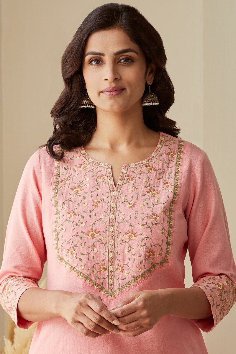 Pink Handcrafted Straight Cotton Flax Kurta