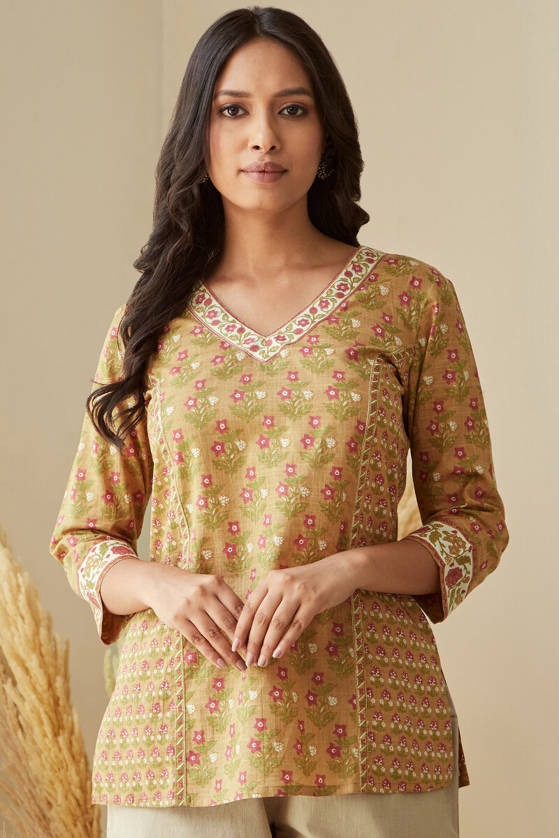 Mustard Hand Printed Cotton Slub Top