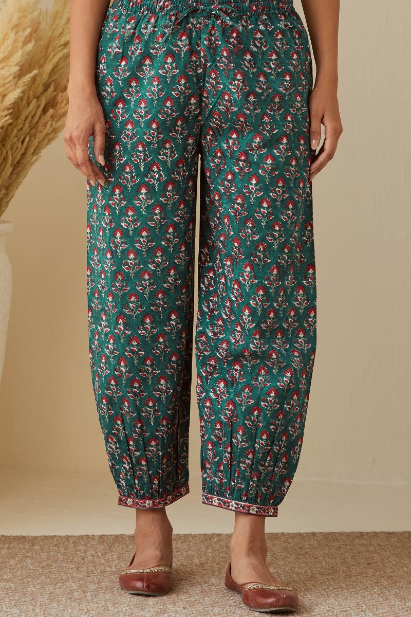Green Hand Block-Printed Cotton Izhaar Pants